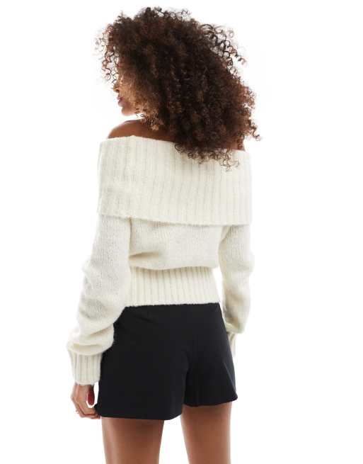 Bershka fluffy off the shoulder sweater in ecru | ASOS