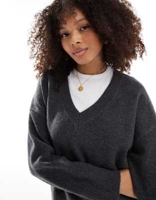 Bershka fluffy v-neck jumper in grey marl
