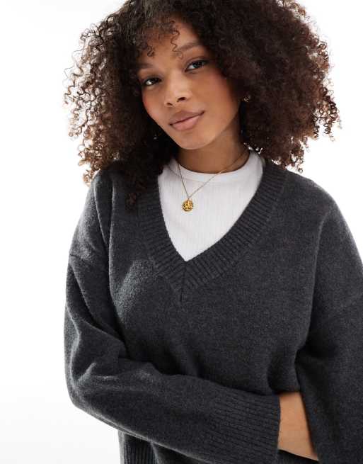 Bershka fluffy v neck jumper in grey marl ASOS