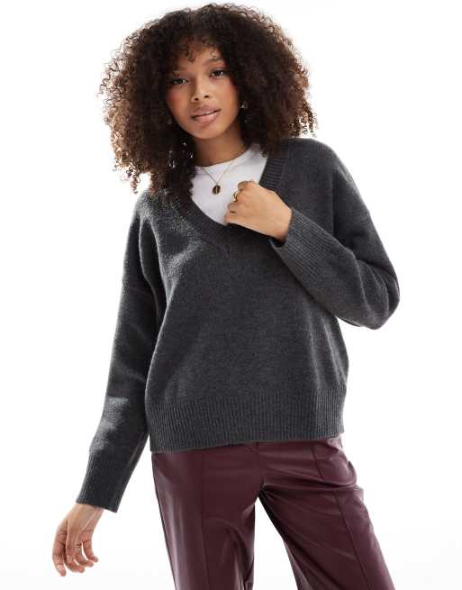 Bershka fluffy v neck jumper in grey marl