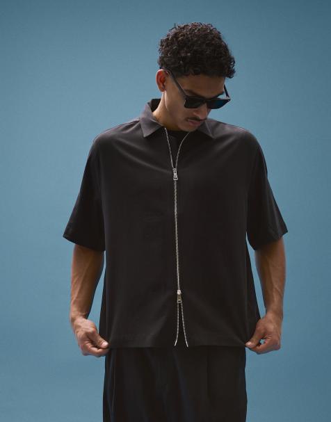 Bershka - Fluid - Camicia squadrata a maniche corte nera - view 1