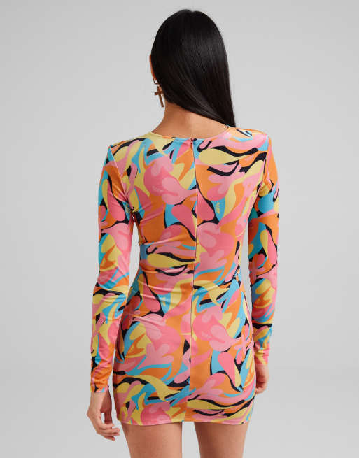 Onderdompeling test Retoucheren Bershka - Fluwelen bodycon jurk met felle print en ringdetail in  verschillende kleuren | ASOS