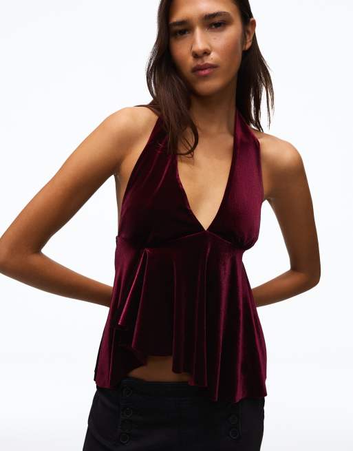 Bershka fluwelen haltertop in bordeauxrood, 2 van 5
