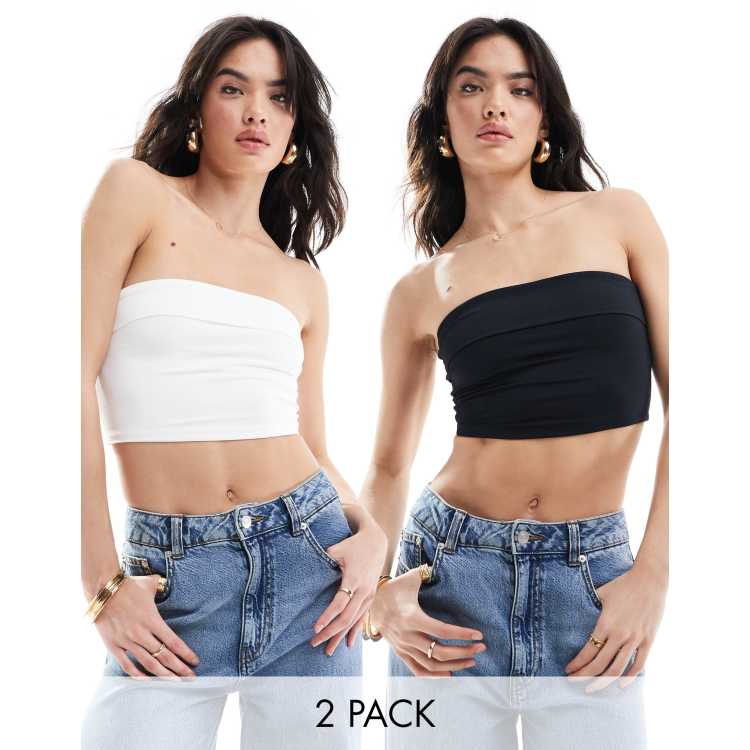 Bershka fold over bandeau 2 pack tops in black & white | ASOS