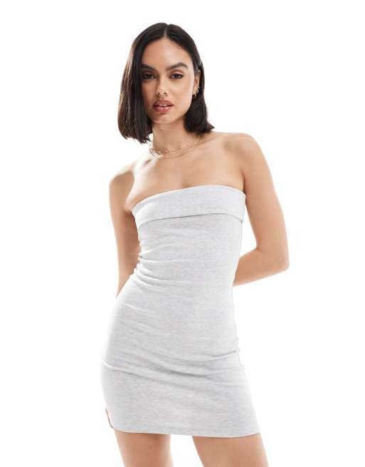 Bershka fold over bandeau mini dress in gray heather | ASOS