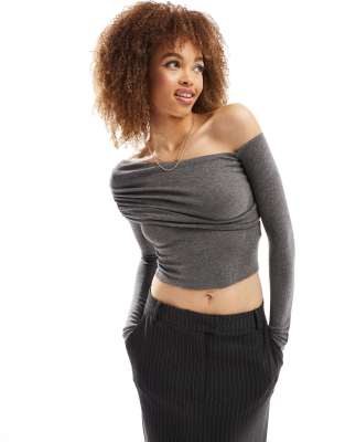 Bershka Fold Over Bardot Top In Charcoal-gray