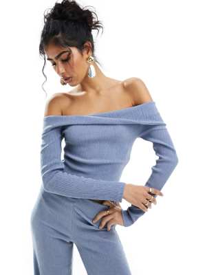 Bershka fold over crinkle top in blue (part of a set)