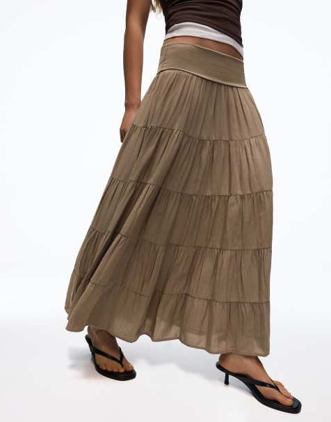 Bershka Fold-over waist midi skirt in khaki - view 1