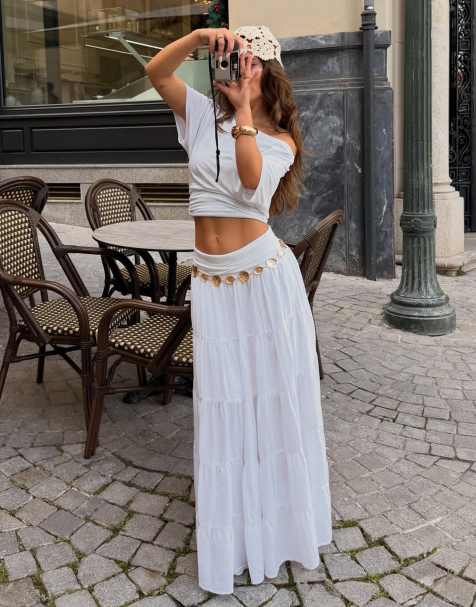 Bershka Fold-over waist midi skirt in white
