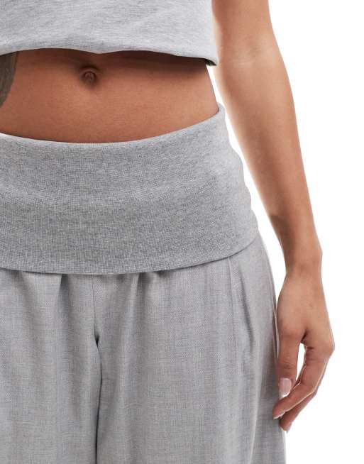 Bershka fold over waist wide leg pants in grey | ASOS