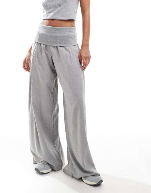 Bershka fold over waist wide leg trousers in grey