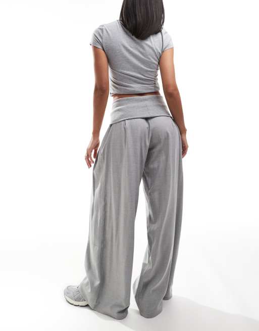 Bershka fold over waist wide leg trousers in grey