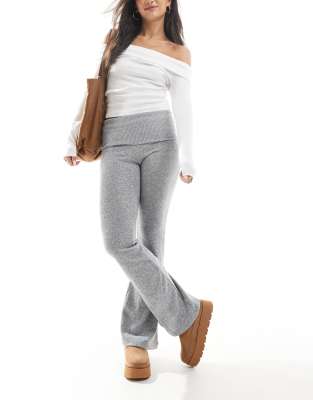 Bershka fold over waistband soft touch flared trousers in grey - view 1