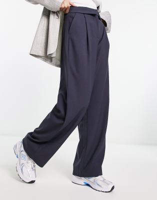 Bershka Folded Waistband Peg Tailored Pants In Petrol Blue