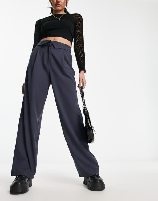 Bershka folded waistband peg tailored trousers in petrol blue