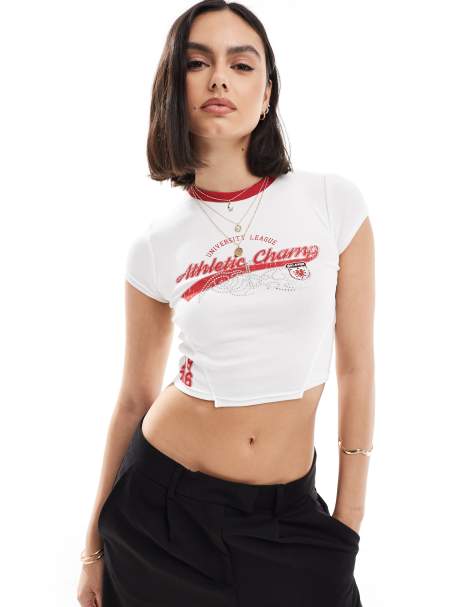 Bershka football graphic baby tee in red & white - view 1