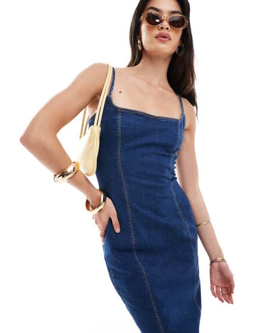 Bershka - Formgivende og blå bodycon-maxikjole i denim med stropper, 4 af 4