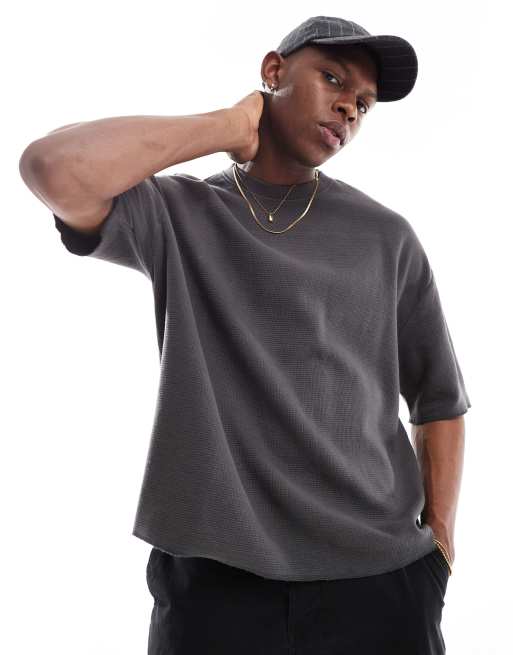 Bershka - Forvasket sort T-shirt med vaffeltekstur