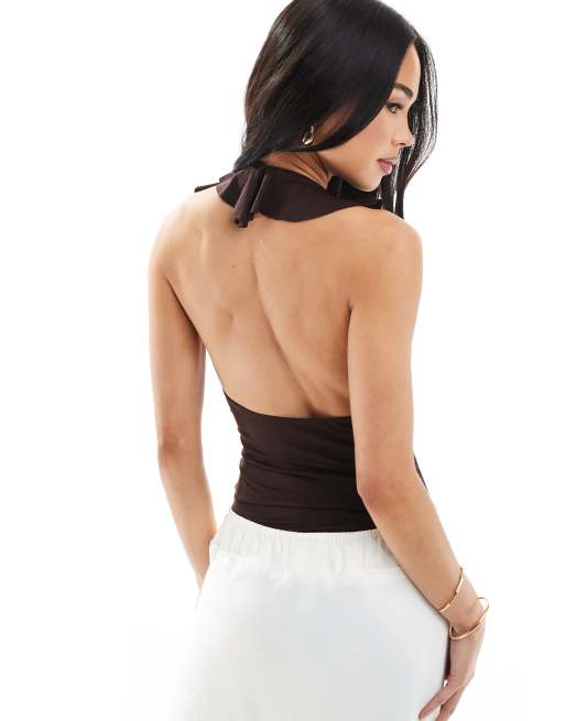 Bershka frill detail halterneck bodysuit in brown, 4 of 4