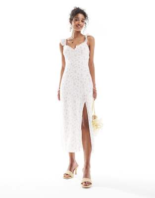 frill detail maxi dress in ecru and pink floral