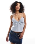 [Bershka] Bershka frill detail strappy linen look top in blue stripe L BLUE