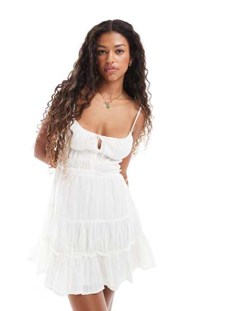 Bershka frill detail strappy mini dress in ecru - view 1