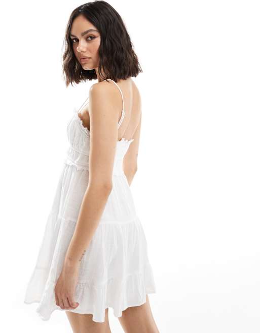 Bershka frill detail strappy mini dress in white, 3 of 4