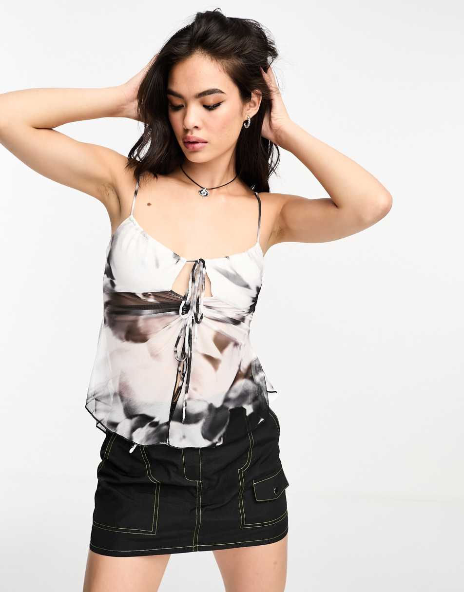 Bershka frill detail top in black & white print