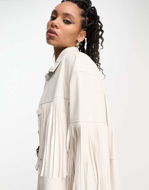 Bershka fringe detail faux leather jacket in ecru