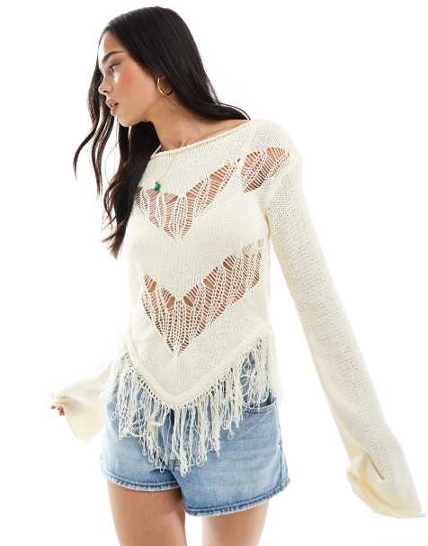 Bershka fringe detail knitted top in butter