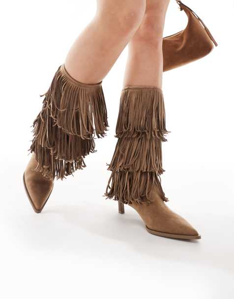Bershka fringe detail suede heeled boots in tan - view 1