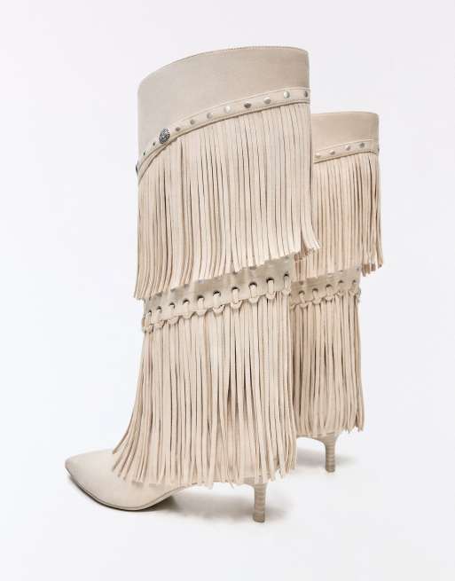 Bershka Fringed heeled boots in beige, 5 of 7