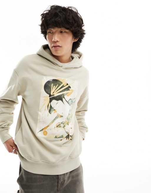 Bershka front graphic hoodie in beige ASOS