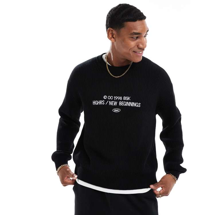 Bershka front graphic ribbed knit sweater in black | ASOS