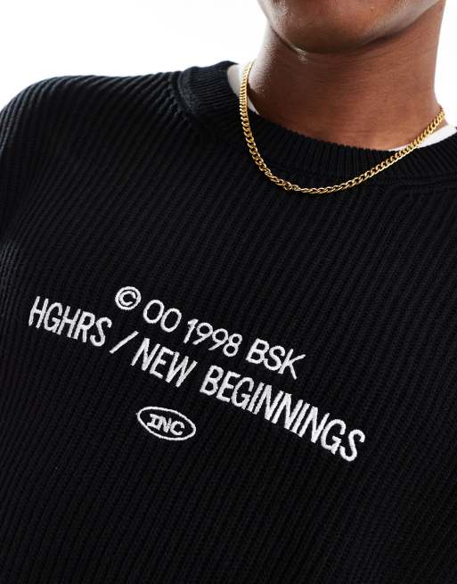 【MORE THAN BLACK】24FW★ LOGO SNAP KNIT Bershka front graphic ribbed knit sweater in black | ASOS