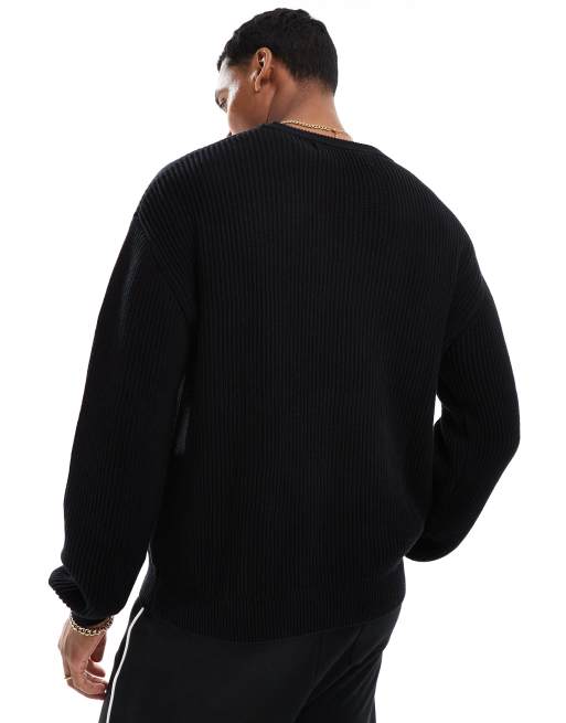 Bershka front graphic ribbed knit sweater in black | ASOS