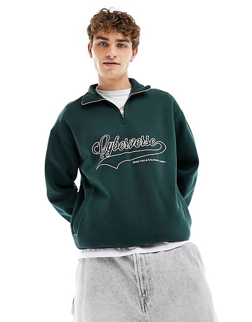 Bershka front print 1/4 zip sweatshirt in forest green | ASOS
