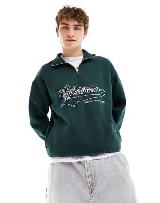 Bershka Front Print Quarter Zip Sweatshirt In Forest Green