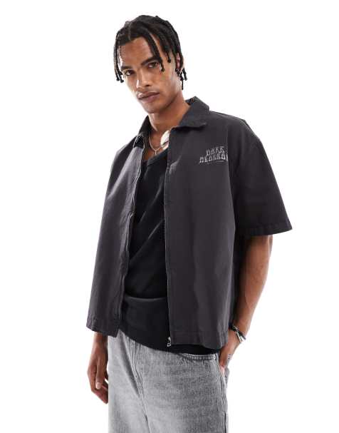 Bershka front print zip through shirt in black - view 1