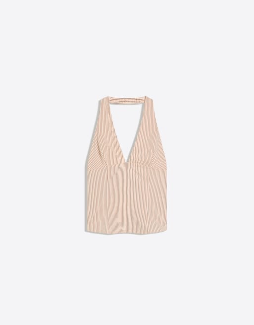Bershka Front zip top in beige, 4 of 4