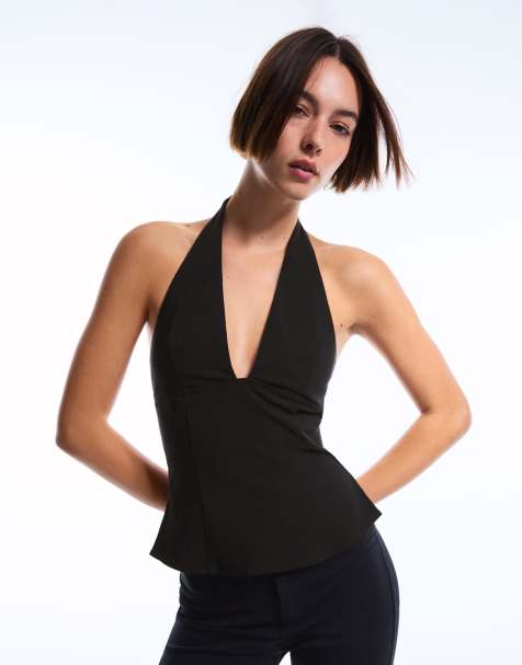 Bershka Front zip top in black