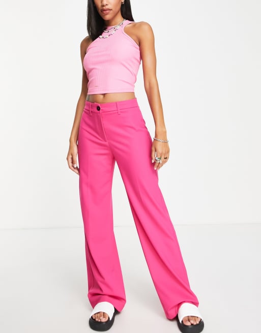 Bershka – Fuchsiarosa, slouchy, figursydda byxor i dad-modell med vida ben