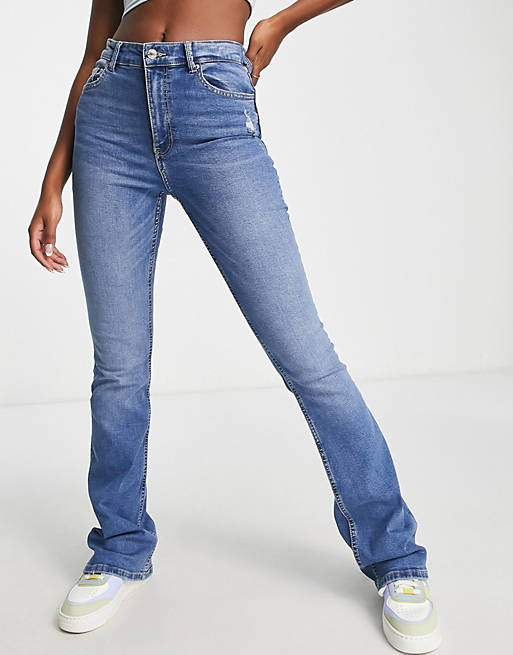Bershka full length flare jeans in mid wash blue