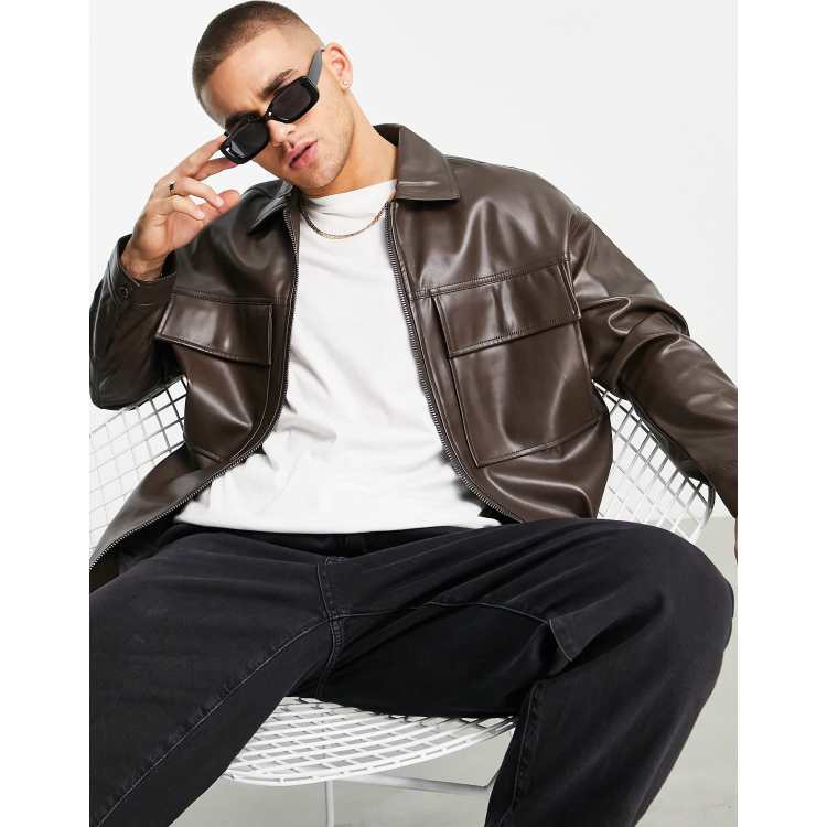Bershka full zip faux leather jacket in brown | ASOS