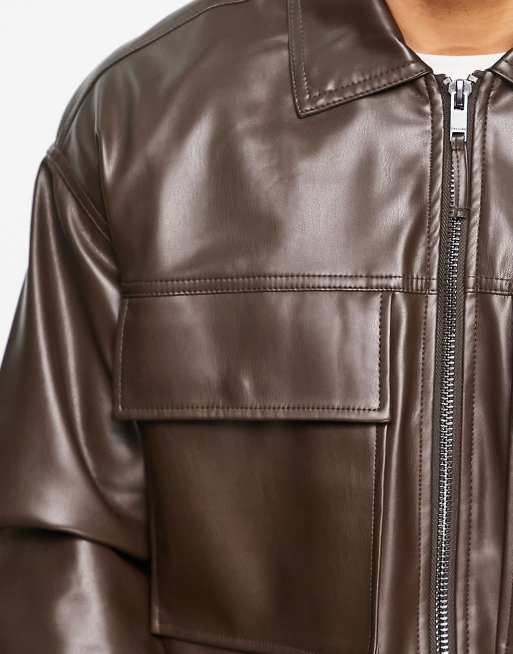 BERSHKA ブラウンレザージャケット S ☆ドイツ発*BERSHKA*新作*ラペル