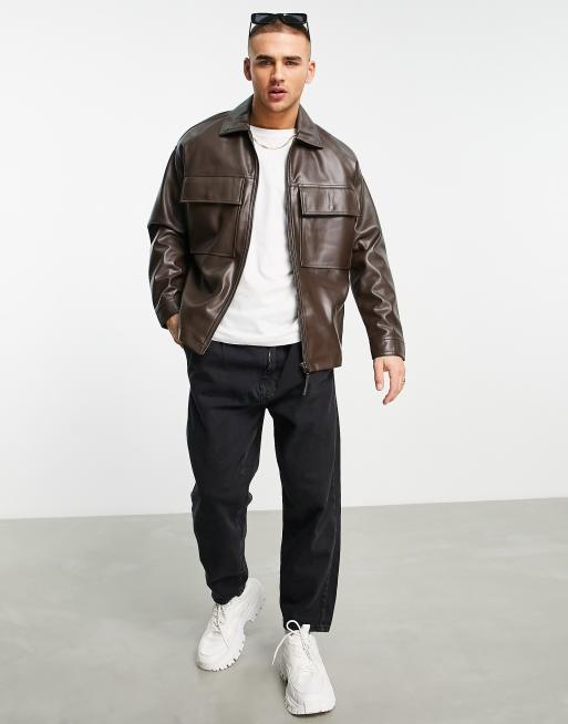 Bershka full zip faux leather jacket in brown | ASOS