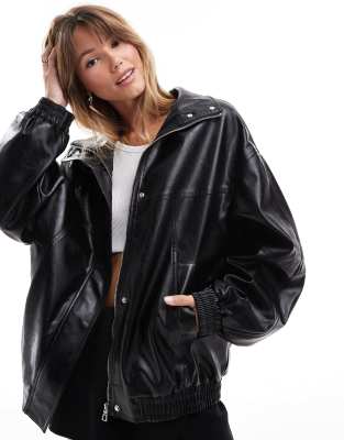 funnel neck oversized faux leather dad jacket in black