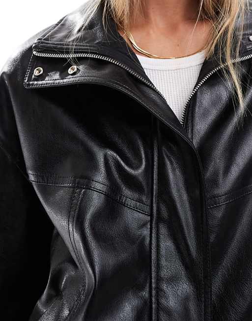 Bershka funnel neck oversized faux leather dad jacket in Bershka funnel neck oversized faux leather dad jacket in