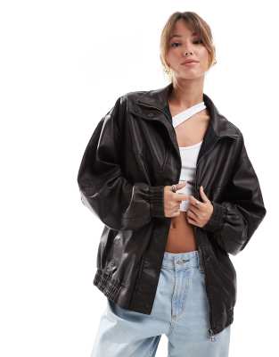 funnel neck oversized faux leather dad jacket in brown