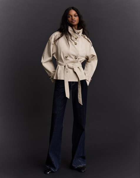 Bershka Funnel neck trench jacket in beige